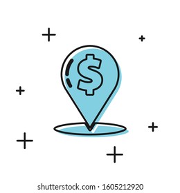 Black Cash location pin icon isolated on white background. Pointer and dollar symbol. Money location. Business and investment concept.  Vector Illustration