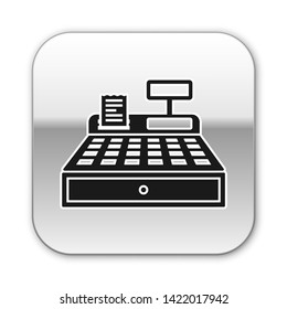 Black Cash register machine with a check icon isolated on white background. Cashier sign. Cashbox symbol. Silver square button. Vector Illustration