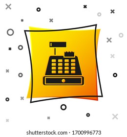 Black Cash register machine with a check icon isolated on white background. Cashier sign. Cashbox symbol. Yellow square button. Vector Illustration