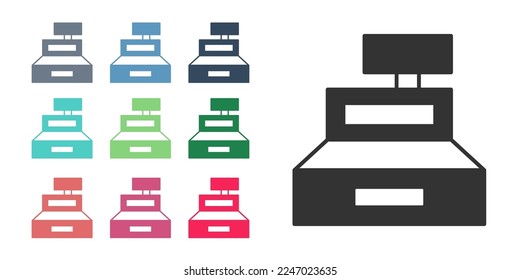 Máquina registradora de caja negra con un icono de cheque aislado en fondo blanco. Cartel de cajero. Símbolo de caja de seguridad. Indique los iconos en colores. Vector