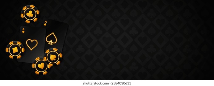 Black casino background with golden glowing poker chips and cards scattered on dark patterned surface. Realistic luxury gambling elements - neon suits symbols on playing aces and gambling tokens.