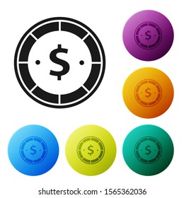 Black Casino chip with dollar symbol icon isolated on white background. Casino gambling. Set icons colorful circle buttons. Vector Illustration