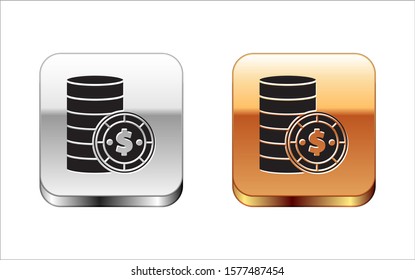 Black Casino chip with dollar symbol icon isolated on white background. Casino gambling. Silver-gold square button. Vector Illustration