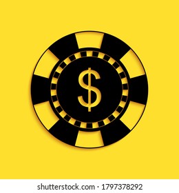 Black Casino chip and dollar symbol icon isolated on yellow background. Long shadow style. Vector.