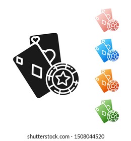 Black Casino chip and playing cards icon isolated on white background. Casino poker. Set icons colorful. Vector Illustration