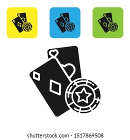 Black Casino chip and playing cards icon isolated on white background. Casino poker. Set icons colorful square buttons. Vector Illustration