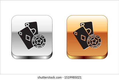 Black Casino chip and playing cards icon isolated on white background. Casino poker. Silver-gold square button. Vector Illustration