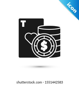 Black Casino chip and playing cards icon isolated on white background. Casino poker.  Vector Illustration