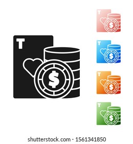 Black Casino chip and playing cards icon isolated on white background. Casino poker. Set icons colorful. Vector Illustration