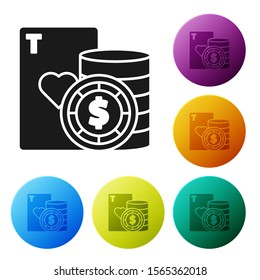 Black Casino chip and playing cards icon isolated on white background. Casino poker. Set icons colorful circle buttons. Vector Illustration