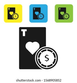 Black Casino chip and playing cards icon isolated on white background. Casino poker. Set icons colorful square buttons. Vector Illustration