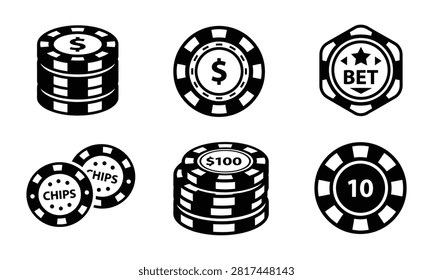 Black casino chip vector illustration set on background.