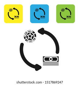 Black Casino chips exchange on stacks of dollars icon isolated on white background. Set icons colorful square buttons. Vector Illustration