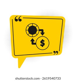 Black Casino chips exchange on stacks of dollars icon isolated on white background. Yellow speech bubble symbol. Vector