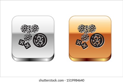 Black Casino chips, game dice and glass of whiskey with ice cubes icon isolated on white background. Casino poker. Silver-gold square button. Vector Illustration