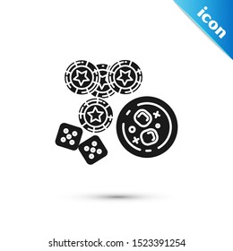 Black Casino chips, game dice and glass of whiskey with ice cubes icon isolated on white background. Casino poker.  Vector Illustration