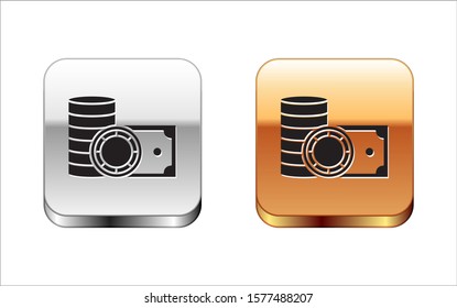 Black Casino chips and stacks paper money cash icon isolated on white background. Casino gambling. Silver-gold square button. Vector Illustration
