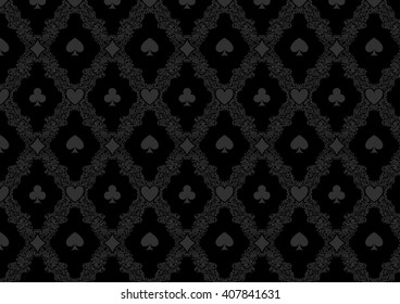 Black casino gambling poker background or dark  damask pattern and cards symbols. Seamless pattern is in the swatches palette.