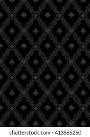 Black casino gambling poker background or dark  damask pattern and cards symbols. Seamless pattern is in the swatches palette.