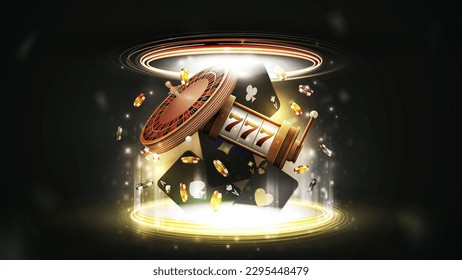 Black casino playing cards, casino roulette, slot machine and poker chips inside gold portal made of digital rings on dark background