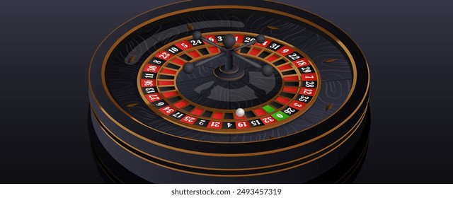 Black casino roulette wheel with wood desk and cells on black background with golden edging, borders. Vector illustration for casino, game design, advertising