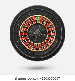 Rueda negra de la ruleta del casino con el escritorio de madera en el fondo blanco con la luz dorada, los rayos, el resplandor, los destellos. Ilustración vectorial para casino, diseño de juegos, publicidad