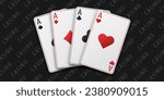 Black casino table background. A hand fan of playing cards consisting Ace of Spades, Diamonds, Clubs, Hearts. Vector illustration Casino of all the aces.