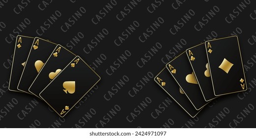 Black casino table background. A hand fan of playing cards consisting Ace of Spades, Diamonds, Clubs, Hearts. Vector illustration Casino of all the aces.