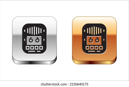 Black Cassette Tape Player Icon Isolated On White Background. Vintage Audio Tape Recorder. Silver And Gold Square Buttons. Vector