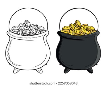 Black cast iron cauldron full of golden coins money pot with leprechaun savings isolated on white background. Saint PAtrick's day, wreath, money, lucky, fortune, happy, hand drawn illustration