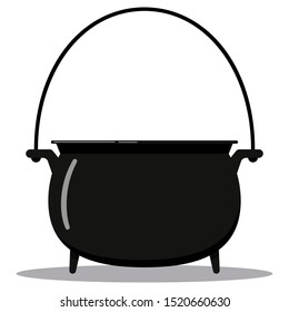 Black cast-iron empty cooking pot flat design cartoon style vector illustration. Camping boiler, iron witches cauldron with handle icon isolated on white background. Symbol of Halloween holiday.