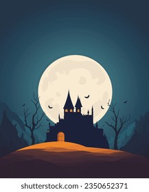 A black castle against the backdrop of a large moon surrounded by dead trees and rocks. halloween illustration