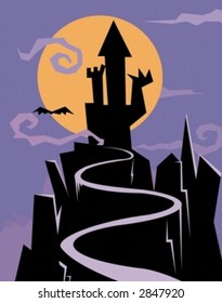A black castle against the moon
