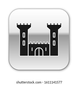 Black Castle icon isolated on white background. Fortress sign. Silver square button. Vector Illustration