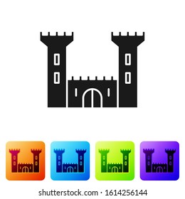 Black Castle icon isolated on white background. Fortress sign. Set icons in color square buttons. Vector Illustration