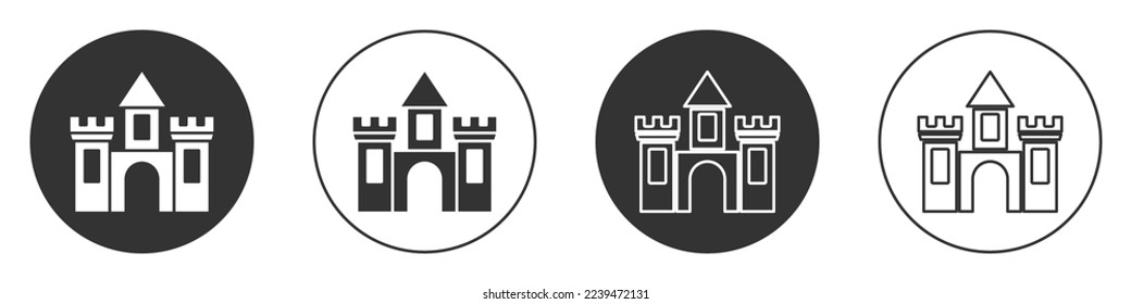 Black Castle icon isolated on white background. Medieval fortress with a tower. Protection from enemies. Reliability and defense of the city. Circle button. Vector