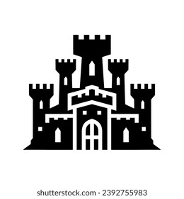 Black castle icon. Kingdom tower fantasy gothic architecture building silhouette. Medieval fortress palace. Royal old ancient magic castle. Vector illustration