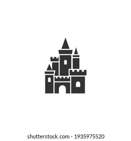 Black castle icon. Tower, fortress. fairy tale, magic, fantasy logo. Holiday. Vector illustrarion isolated on white