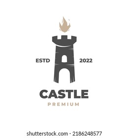 Black castle illustration logo and elegant fire burning