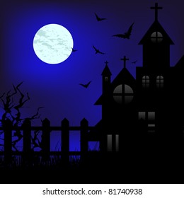 Black castle at night with full moon