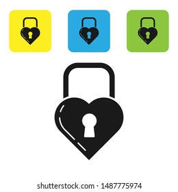 Black Castle in the shape of a heart icon isolated on white background. Locked Heart. Love symbol and keyhole sign. Set icons colorful square buttons. Vector Illustration