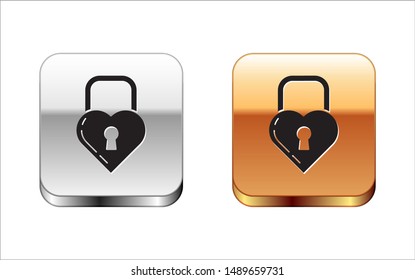 Black Castle in the shape of a heart icon isolated on white background. Locked Heart. Love symbol and keyhole sign. Silver-gold square button. Vector Illustration