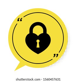 Black Castle in the shape of a heart icon isolated on white background. Locked Heart. Love symbol and keyhole sign. Yellow speech bubble symbol. Vector Illustration