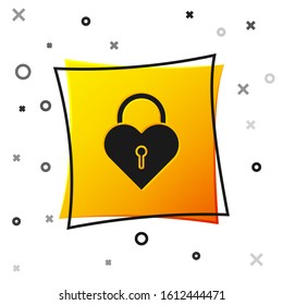 Black Castle in the shape of a heart icon isolated on white background. Locked Heart. Love symbol and keyhole sign. Yellow square button. Vector Illustration