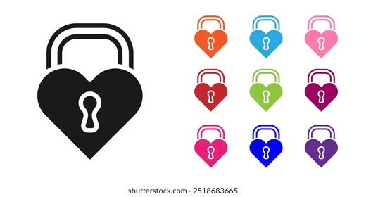 Black Castle in the shape of a heart icon isolated on white background. Locked Heart. Love symbol and keyhole sign. Happy Valentines day. Set icons colorful. Vector