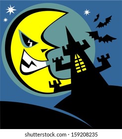 Black castle silhouette with angry moon. Halloween illustration.