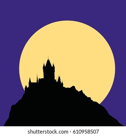 Black castle silhouette on a background of yellow moon night. Gloomy illustration. Flat picture. Minimalism in pictures.