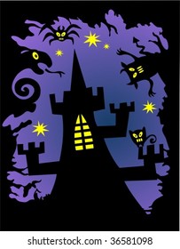 Black castle silhouette on a violet background. Halloween illustration.