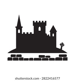 Black castle silhouette on a white background, featuring towers, walls, and a surrounding brick pattern. A Celtic cross is visible.