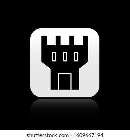 Black Castle tower icon isolated on black background. Fortress sign. Silver square button. Vector Illustration